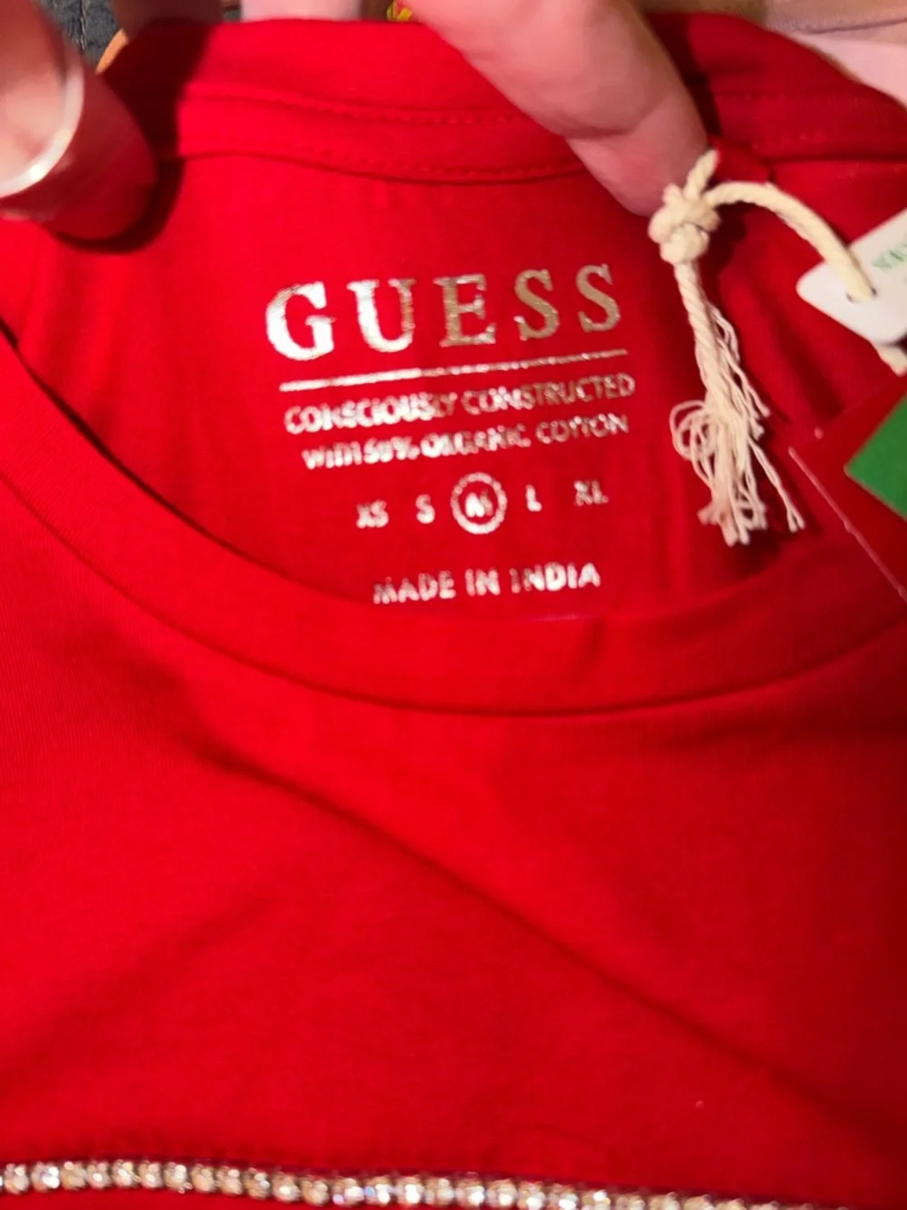 GUESS Red Rhinestone Triangle Logo Tee - Picture 2 of 5